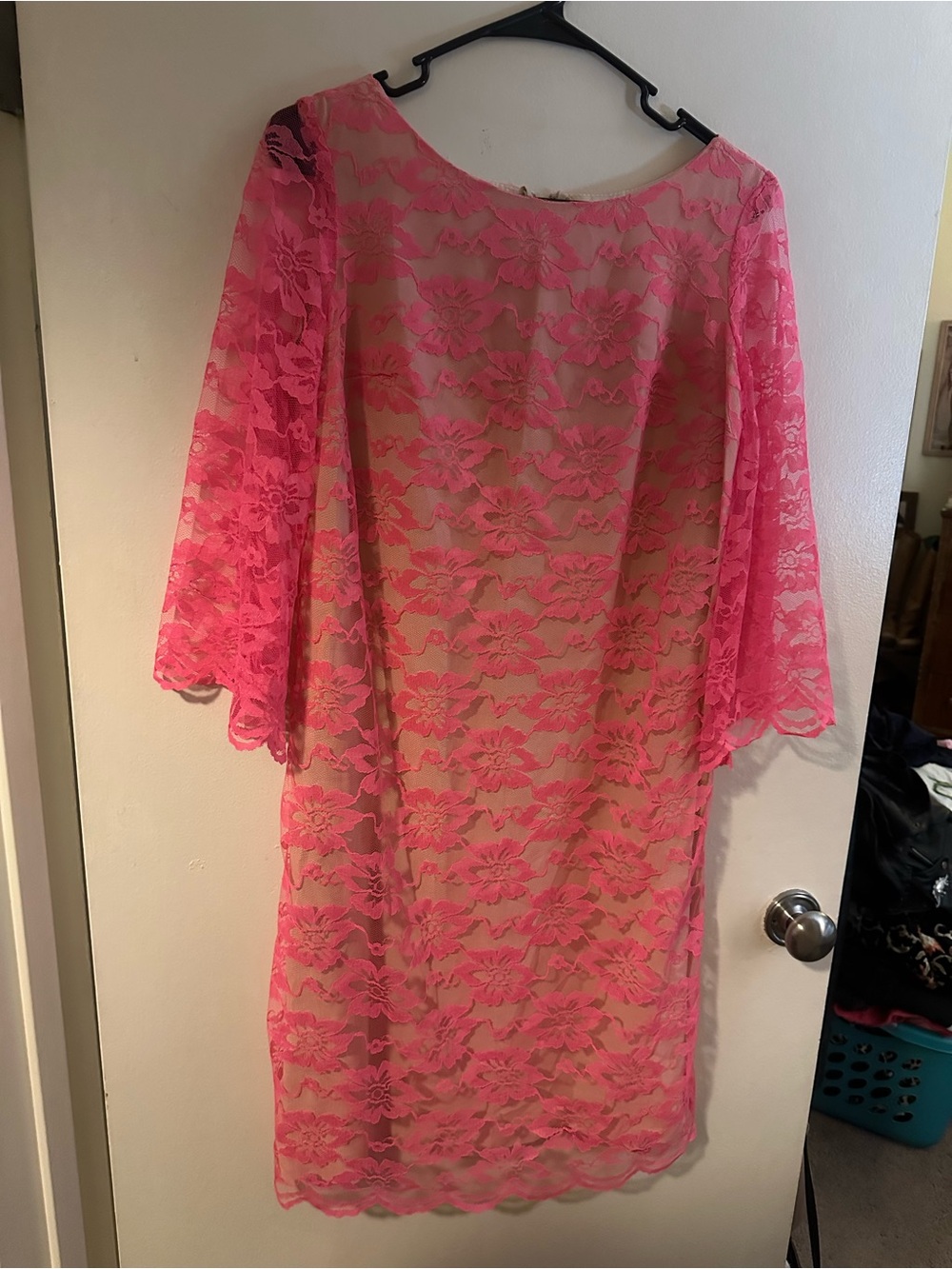 Vintage Hot Pink Wiggle Dress 60s 70s Illusion Mod Women’s S/M Lace